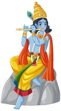 Vector Illustration of Blue Hindu Deity Playing Flute on a Rock Stock Illustration