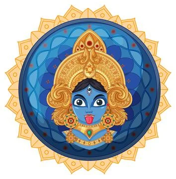 Vector Illustration of Blue Hindu Goddess Kali in Circular Mandala Frame 스톡 일러스트