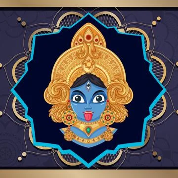 Vector Illustration of Blue Hindu Goddess Kali with Golden Crown Stock Illustration
