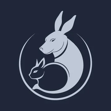 Vector illustration of blue rabbit sitting beside dog Illustrazione stock