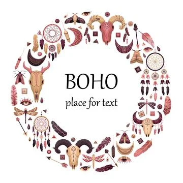 Vector illustration with boho elements. Round template with a place for text. Illustrazione stock