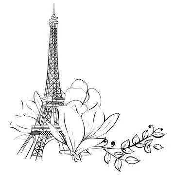 Vector illustration border of Eiffel Tower and flower. Magnolia springtime イラスト素材