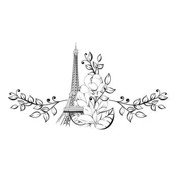 Vector illustration border Eiffel Tower and flower. Magnolia springtime romantic Stock Illustration