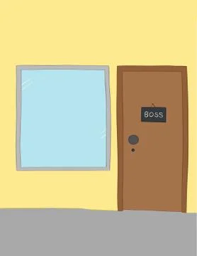 Vector illustration boss room, window, door and boss hanging sign. Hand drawn Stockillustratie
