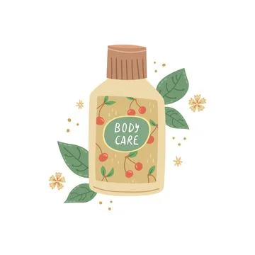 Vector illustration of a bottle with a body cream with botanical decor. Beaut Stock Illustration