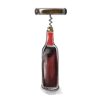 Vector illustration of a bottle of red wine with a corkscrew, color illustration Stock Illustration
