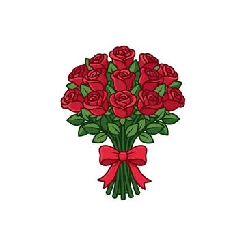 A vector illustration of a bouquet of red roses with green leaves and a red r Stock Illustration
