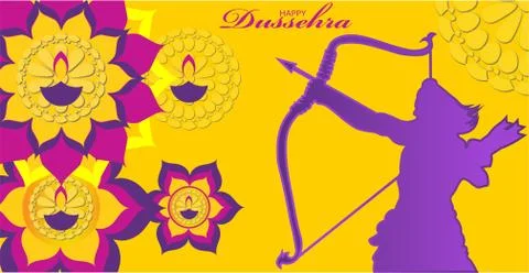 Vector Illustration of bow, arrow, and Lord Rama. Greeting card with bow and  Illustrazione stock