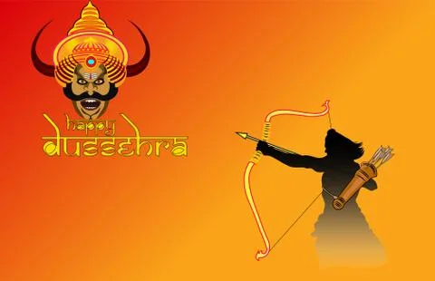Vector Illustration of bow, arrow, and Lord Rama. Greeting card with bow and  Illustrazione stock