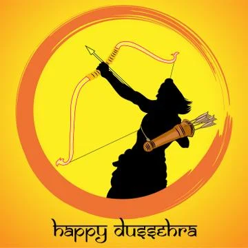 Vector Illustration of bow, arrow, and Lord Rama. Greeting card with bow and  Illustrazione stock