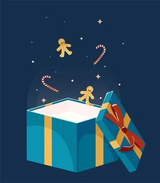 Vector illustration of a box with a Christmas present. Magic box, glow and .. Stock Illustration
