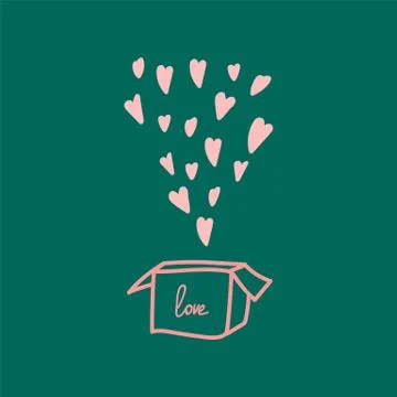 Vector Illustration of a box with hearts. Cute hand-drawn greeting card for a Stock Illustration