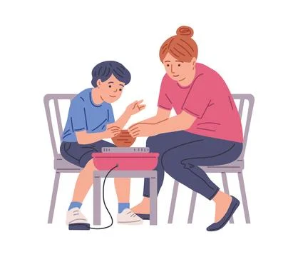 Vector illustration of a boy and a young woman who are sculpting clay on a po 스톡 일러스트