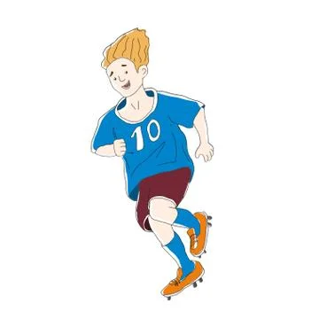 Vector illustration of a boy in a blue uniform playing soccer with a white ball Stock Illustration