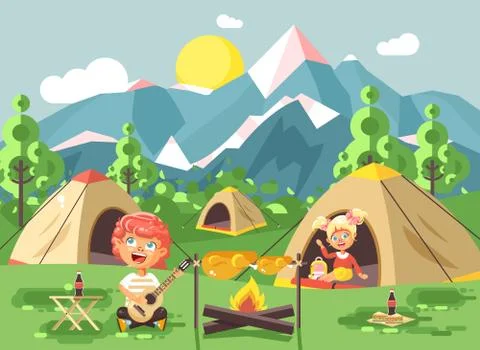 Vector illustration boy sings playing guitar nature national park landscape girl Ilustração Stock