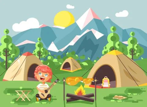 Vector illustration boy sings playing guitar, nature national park landscape Ilustração Stock