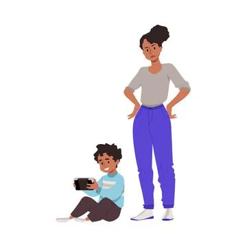 Vector illustration of a boy sitting with a tablet next to his dissatisfied Stock Illustration