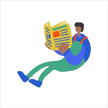 Vector illustration of a boy sitting who reads a newspaper or news on a tablet Stock Illustration