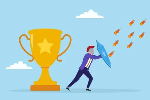 Vector illustration of a brave businessman using a shield to protect a trophy Stock Illustration
