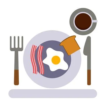 Vector illustration of breakfast - eggs with bacon, toast and a cup of coff.. Stock Illustration