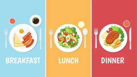 Vector illustration of breakfast lunch and dinner set on colorful background Stock Illustration