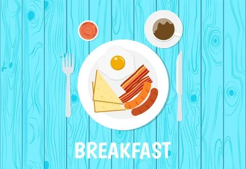 Vector illustration of breakfast set on blue table wooden background Stock Illustration