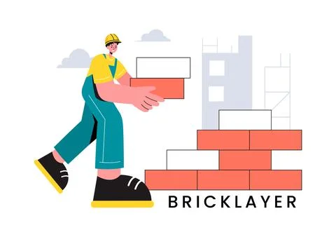 Vector Illustration of a Bricklayer Worker with People Constructing and Lay.. Ilustración de archivo