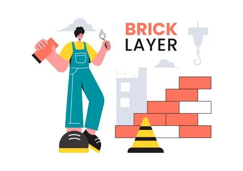 Vector Illustration of a Bricklayer Worker with People Constructing and Lay.. Ilustración de archivo
