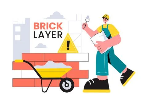 Vector Illustration of a Bricklayer Worker with People Constructing and Lay.. Ilustración de archivo