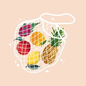 Vector illustration of bright apple,  dragon fruit, lemon, orange, pineapple  Stock Illustration