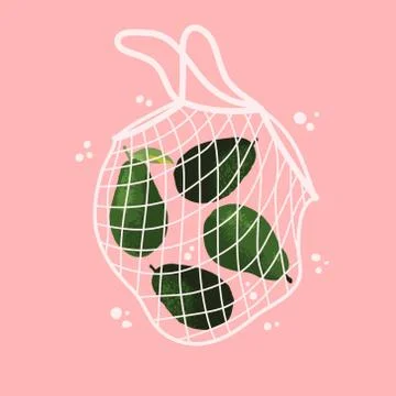 Vector illustration of bright avocadoes in reusable grocery shopping bag Stock Illustration