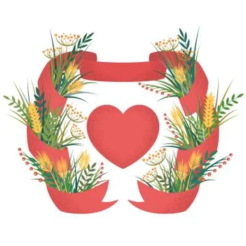 Vector illustration with bright colorful spring flowers, ribbon, herbs and bo Stock Illustration