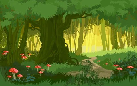 Vector illustration bright green summer magical forest vector background Illustrazione stock