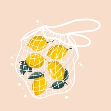 Vector illustration of bright lemons in reusable grocery shopping bag Stock Illustration