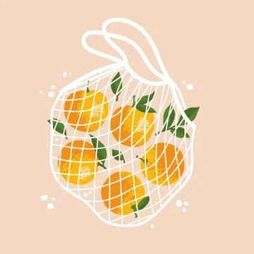 Vector illustration of bright oranges in reusable grocery shopping bag Stock Illustration