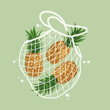 Vector illustration of bright pineapples in reusable grocery shopping bag Stock Illustration