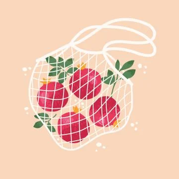 Vector illustration of bright pomegranates in reusable grocery shopping bag Stock Illustration