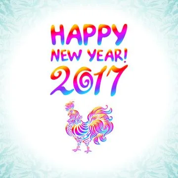 Vector illustration of Bright Rainbow Colored rooster, symbol of 2017 on th.. Stock Illustration