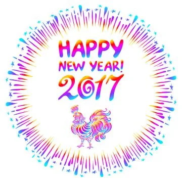 Vector illustration of Bright Rainbow Colored rooster, symbol of 2017 on th.. Stock Illustration