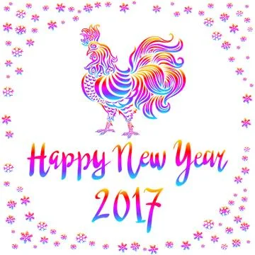 Vector illustration of Bright Rainbow Colored rooster, symbol of 2017 on th.. Stock Illustration