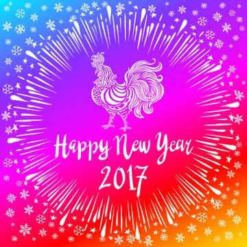 Vector illustration of Bright Rainbow Colored rooster, symbol of 2017 on th.. Stock Illustration