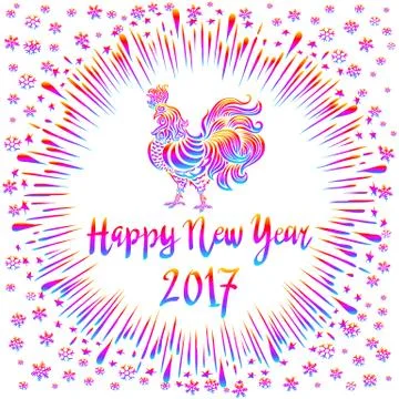 Vector illustration of Bright Rainbow Colored rooster, symbol of 2017 on th.. Stock Illustration