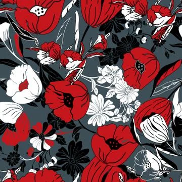 Vector illustration Bright red, grey, white and black poppy flowers Stock Illustration