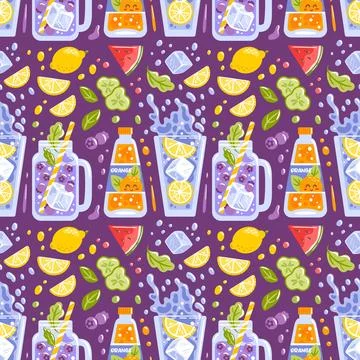 Vector illustration, bright seamless pattern of refreshing lemonades with ice Stock Illustration