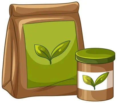 Vector Illustration of Brown Paper Bag and Small Jar with Green Leaf Labels イラスト素材
