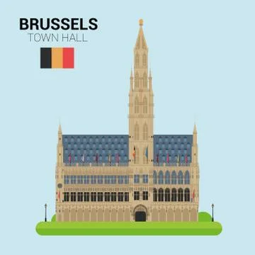 Vector illustration of Brussels Town Hall (Brussels, Belgium). Monuments and lan 스톡 일러스트