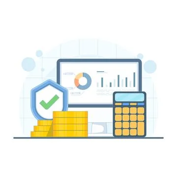 Vector illustration of budget analysis with computer, calculator, and gold coins Stock Illustration