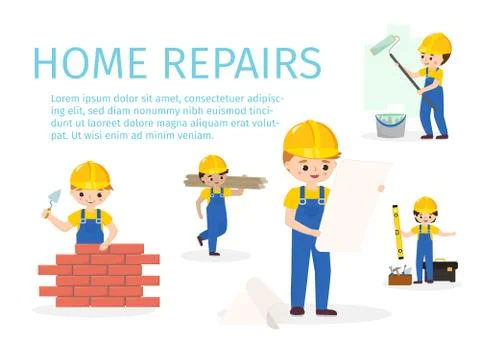 Vector illustration of builder, constructor, wall painter and repairman in Ilustración de archivo