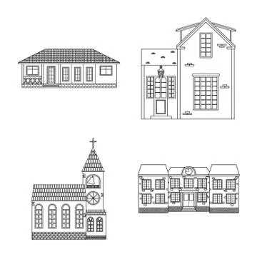 Vector illustration of building and front sign. Collection of building and roof Ilustración de archivo