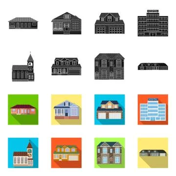 Vector illustration of building and front symbol. Set of building and roof stock Ilustración de archivo